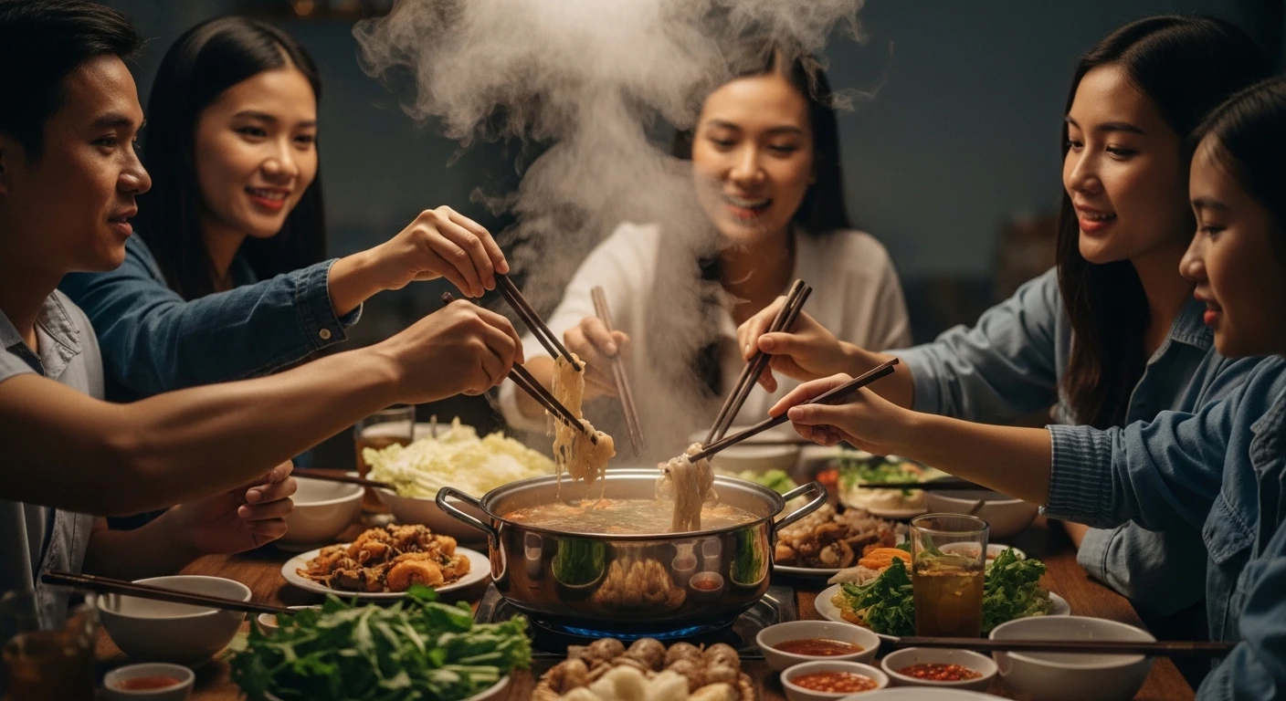 Mọi người cùng nhau thưởng thức nồi lẩu hải sản chua cay ấm áp