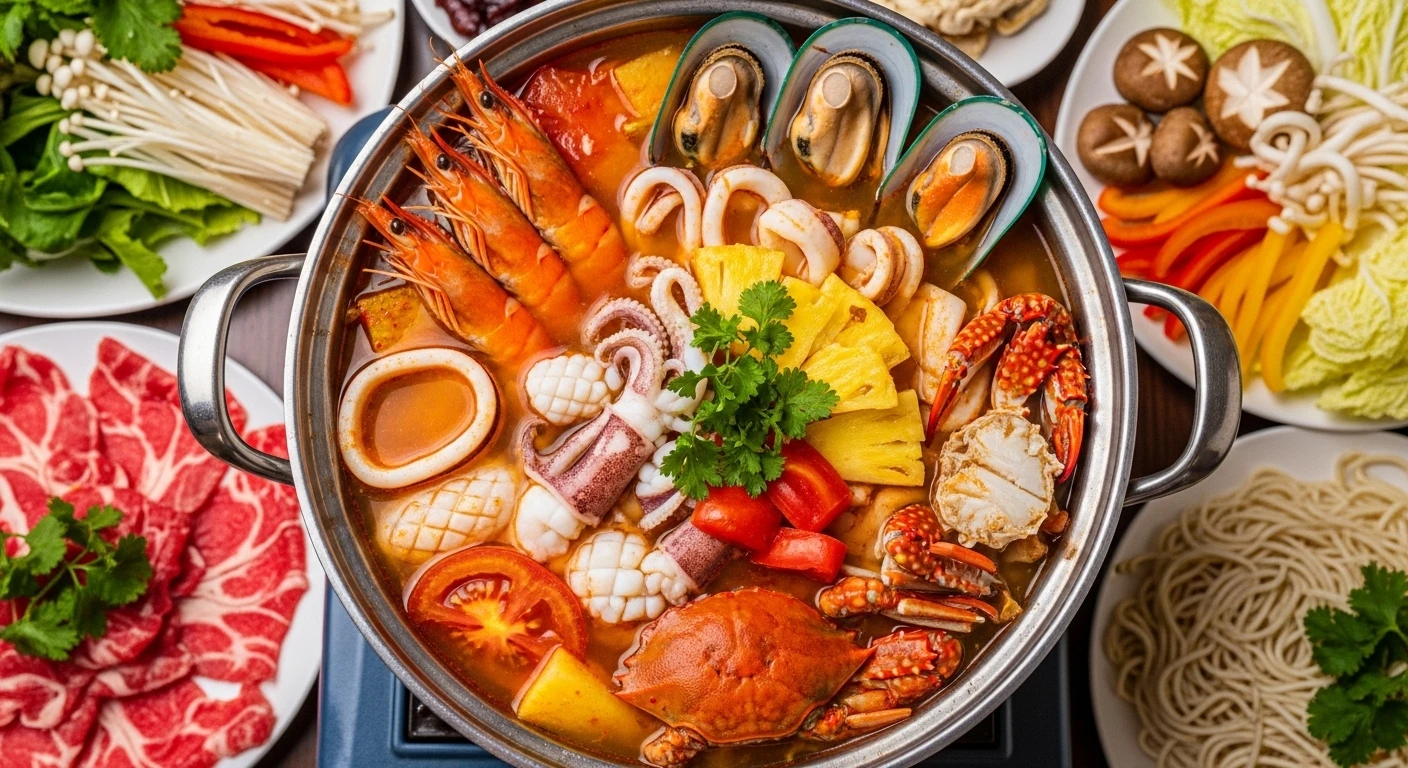 Nồi lẩu hải sản thập cẩm chua cay bốc khói nghi ngút