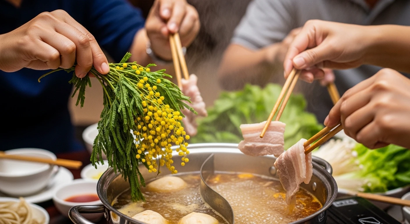 Mọi người cùng nhau nhúng rau và hải sản vào nồi lẩu mắm ba khía