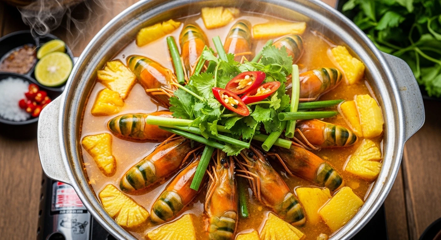 Nồi lẩu tôm càng xanh măng chua dầm nóng hổi