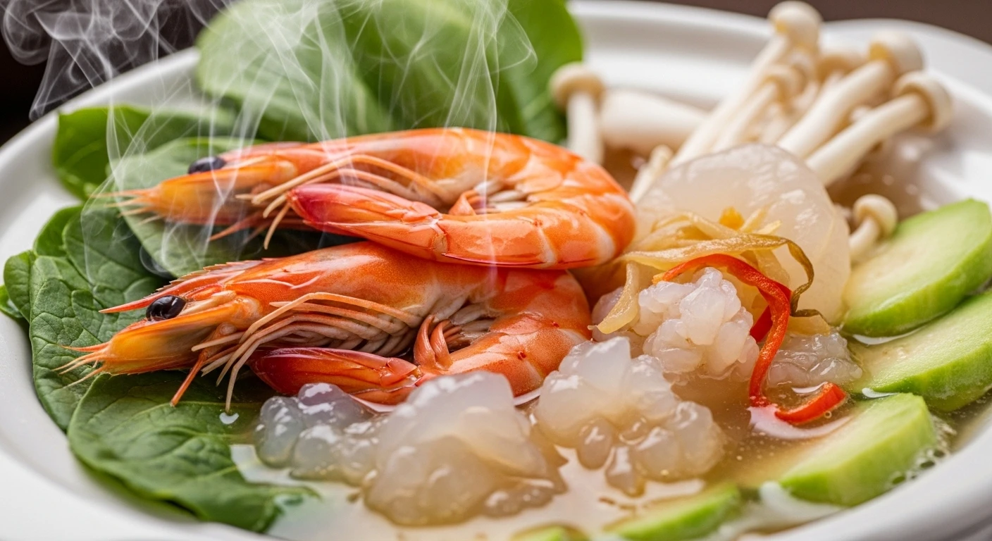 Nồi lẩu tôm sứa biển nước dừa tươi đang sôi nghi ngút