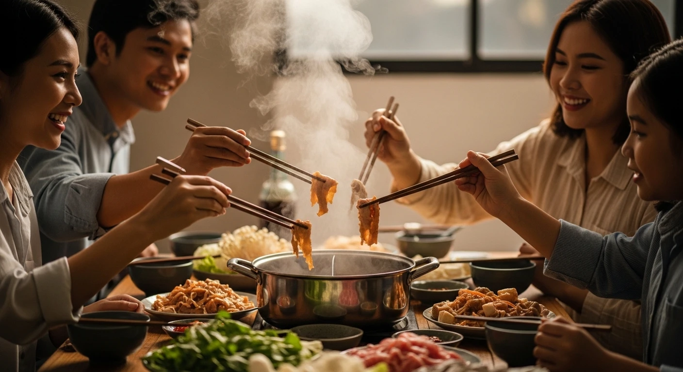 Cảnh mọi người quây quần bên nồi lẩu tôm sứa biển nước dừa tươi