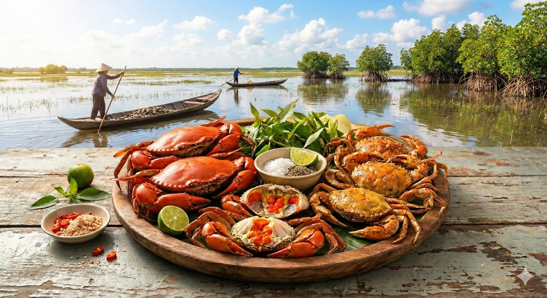 Một mâm cua Cà Mau với nhiều loại khác nhau: cua thịt, cua gạch, cua cốm được bày trí hấp dẫn