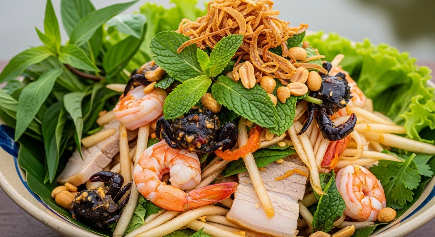 Brightly colored Mangosteen and Crab Salad served in a rustic bowl