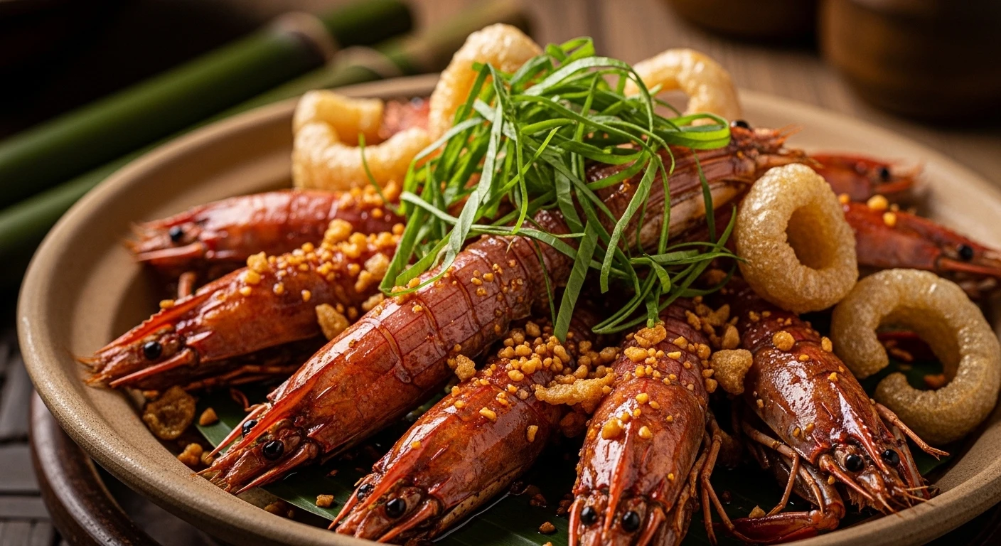 Mantis Shrimp with Burnt Garlic and Pork Cracklings on a rustic plate