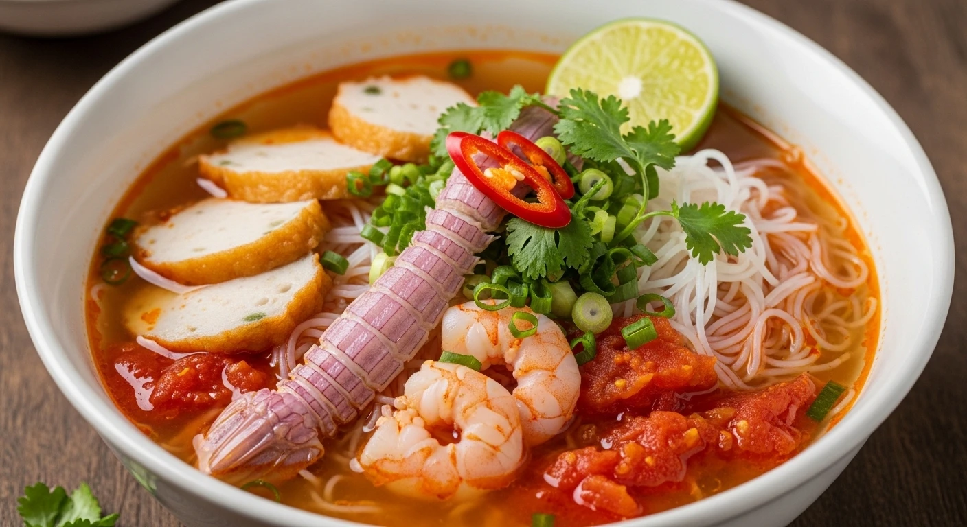 Mantis Shrimp Noodle Soup with Fish Cakes & Minced Tomato