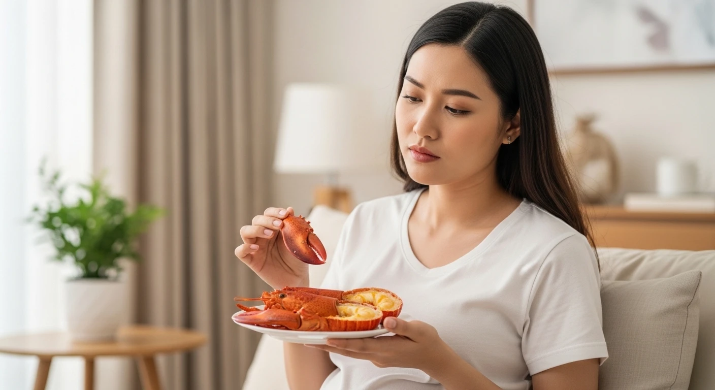 Bà mẹ sau sinh mổ đang ăn tôm hùm tươi ngon một cách cẩn trọng