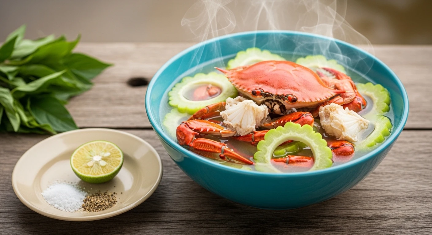 Mekong Delta Crab and Gourd Hotpot, a clear broth with crab and gourd slices