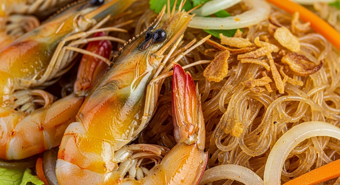 Đĩa miến xào tôm càng xanh hấp dẫn, đầy màu sắc