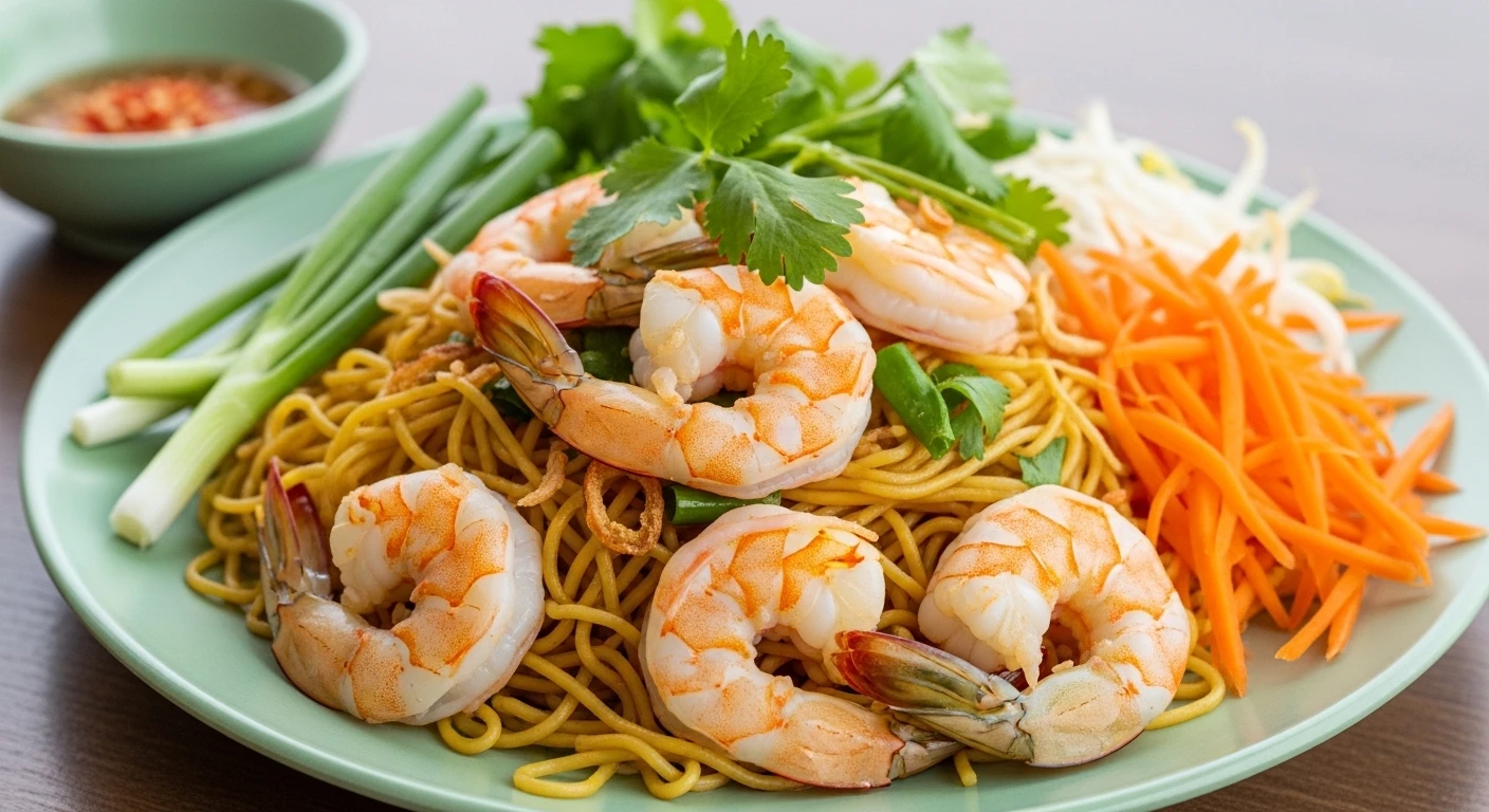 Cận cảnh đĩa miến xào tôm càng xanh với hành lá và rau củ