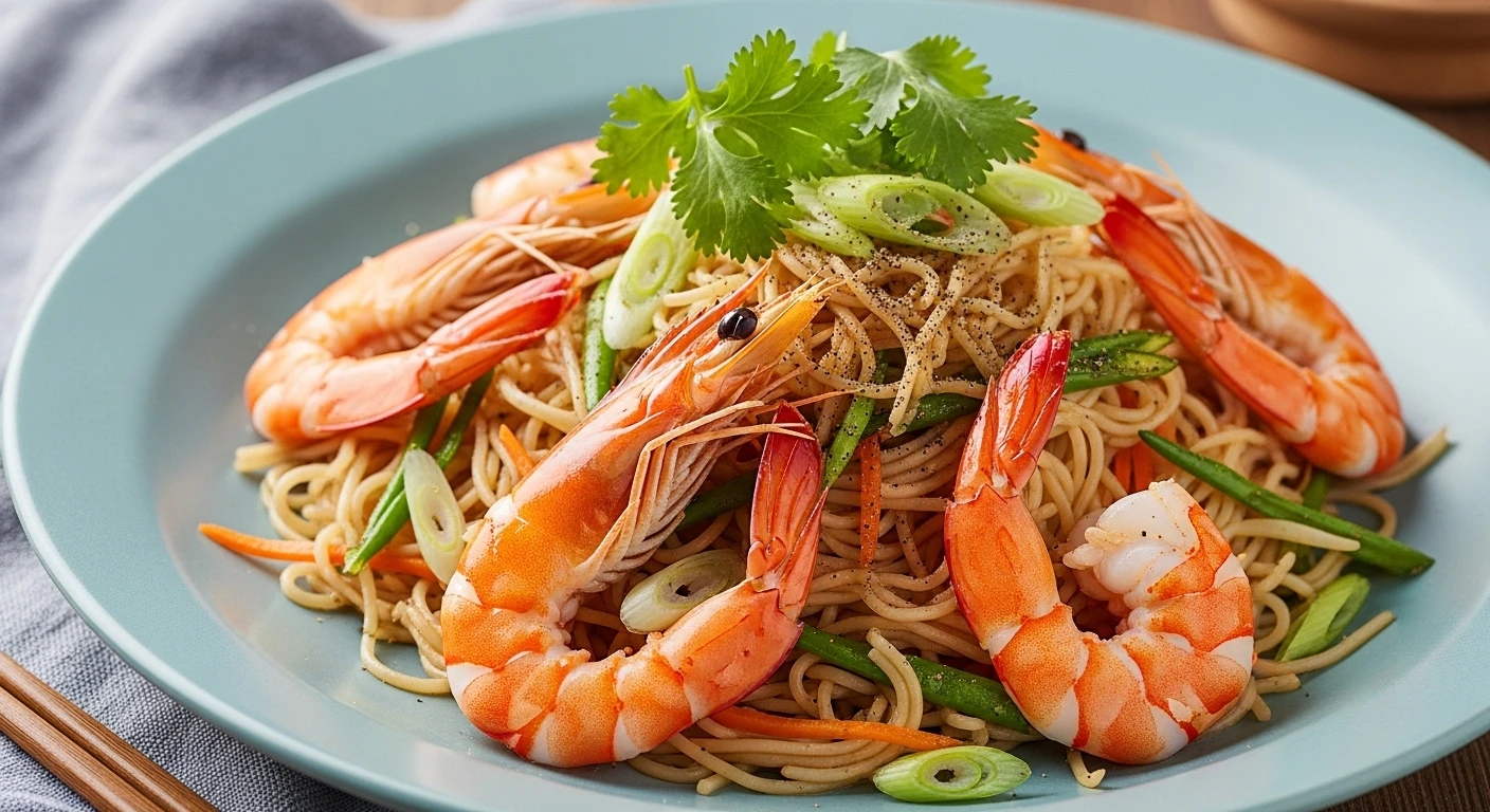 Đĩa miến xào tôm càng xanh với đầy đủ các loại rau củ và hành lá