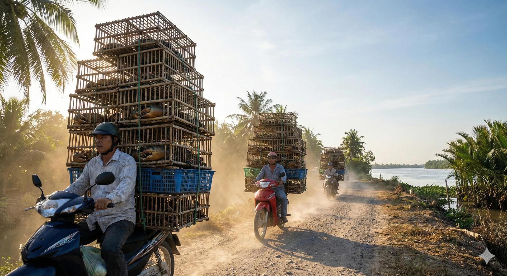 Motorbikes heavily laden with crab cages in Vietnam