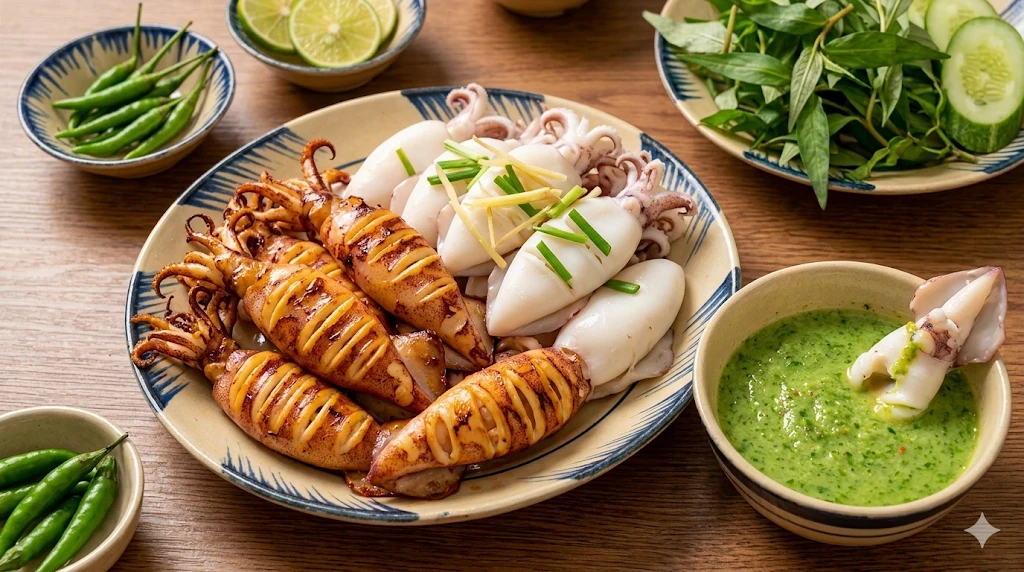 Mực hấp/nướng chấm muối ớt xanh