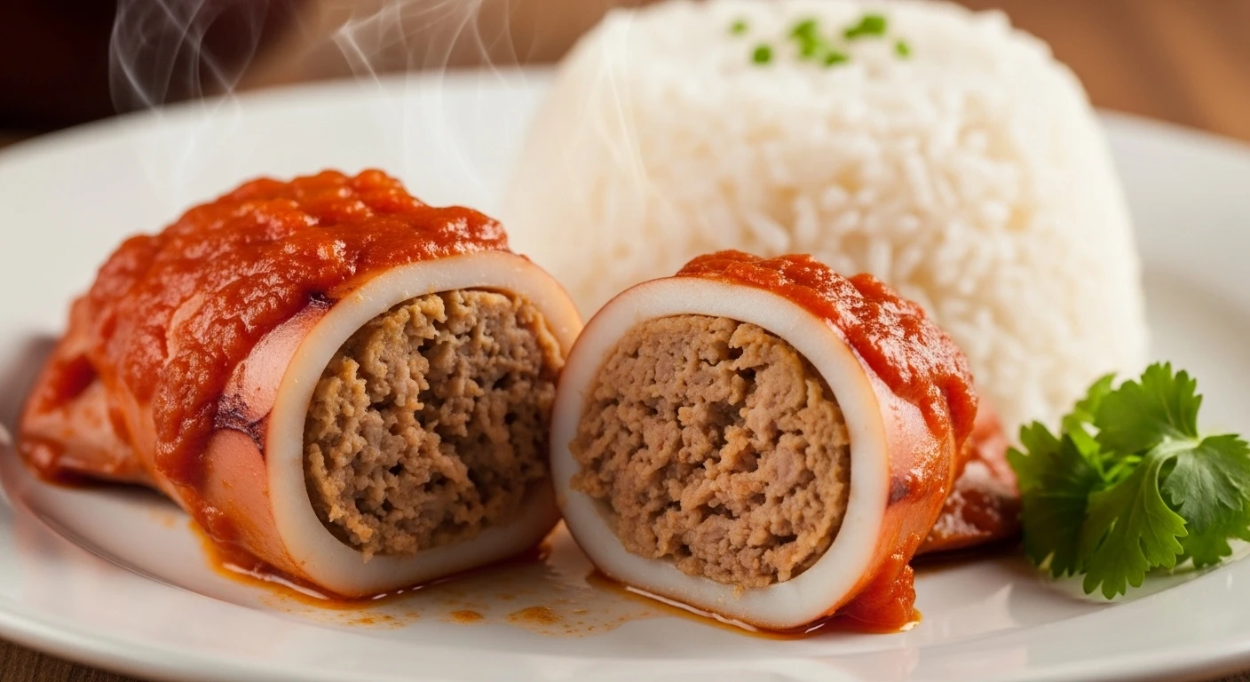 Mực nhồi thịt sốt cà chua ăn kèm cơm trắng