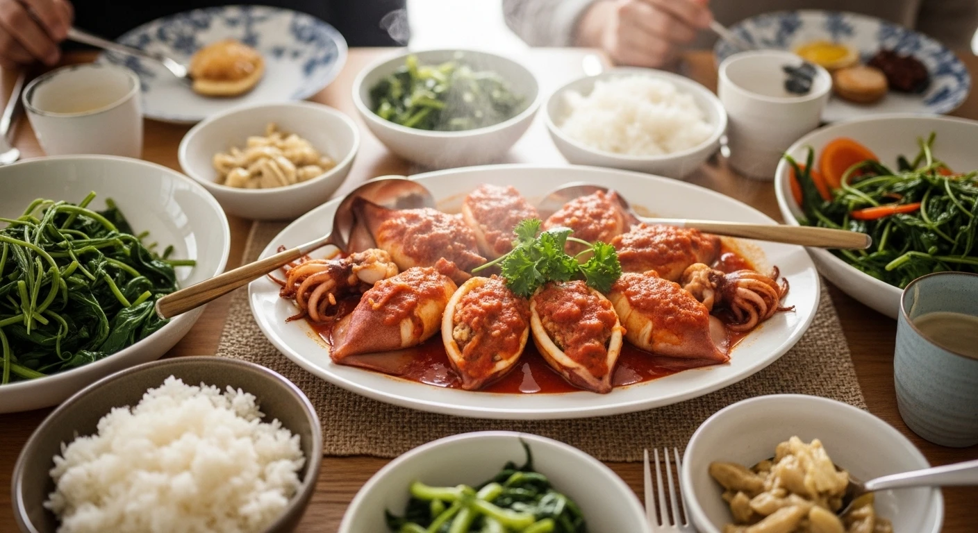 Mâm cơm gia đình ấm cúng với món mực nhồi thịt sốt cà chua