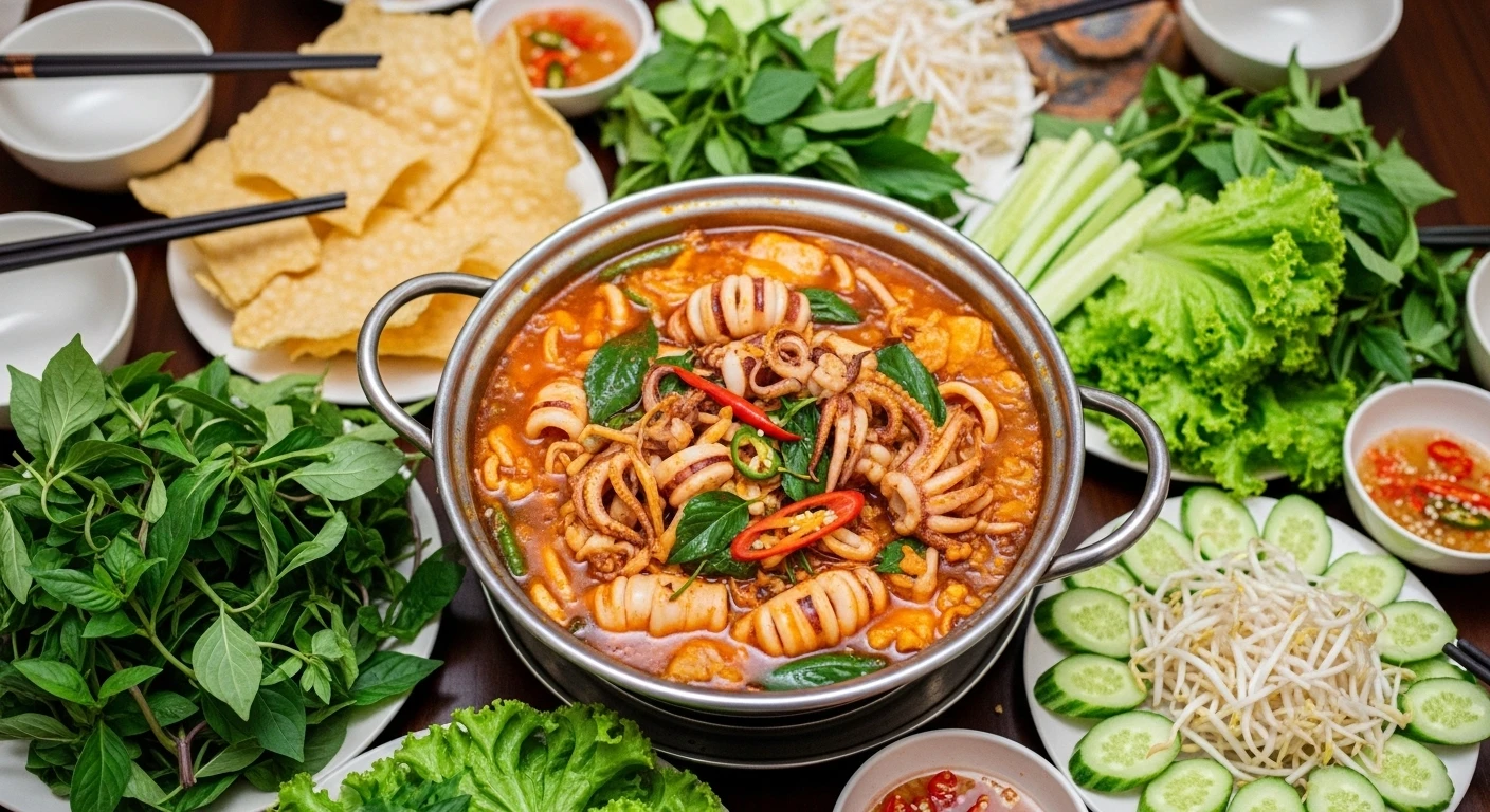 Mực Nhúng Dấm Mẻ Chua Thanh Cuộn Bánh Tráng