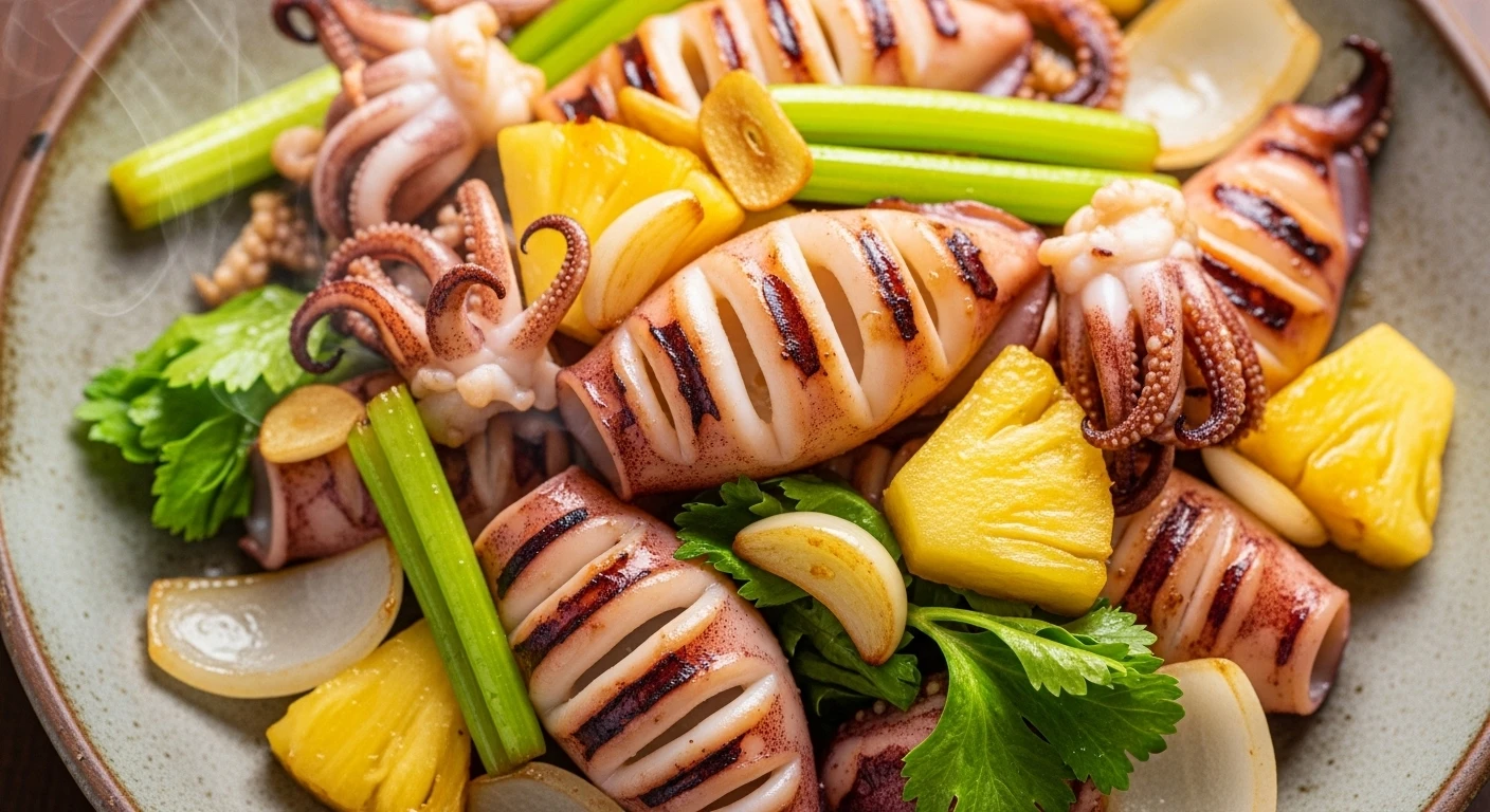 Mực Xào Cần Tỏi Dứa Hành Tây