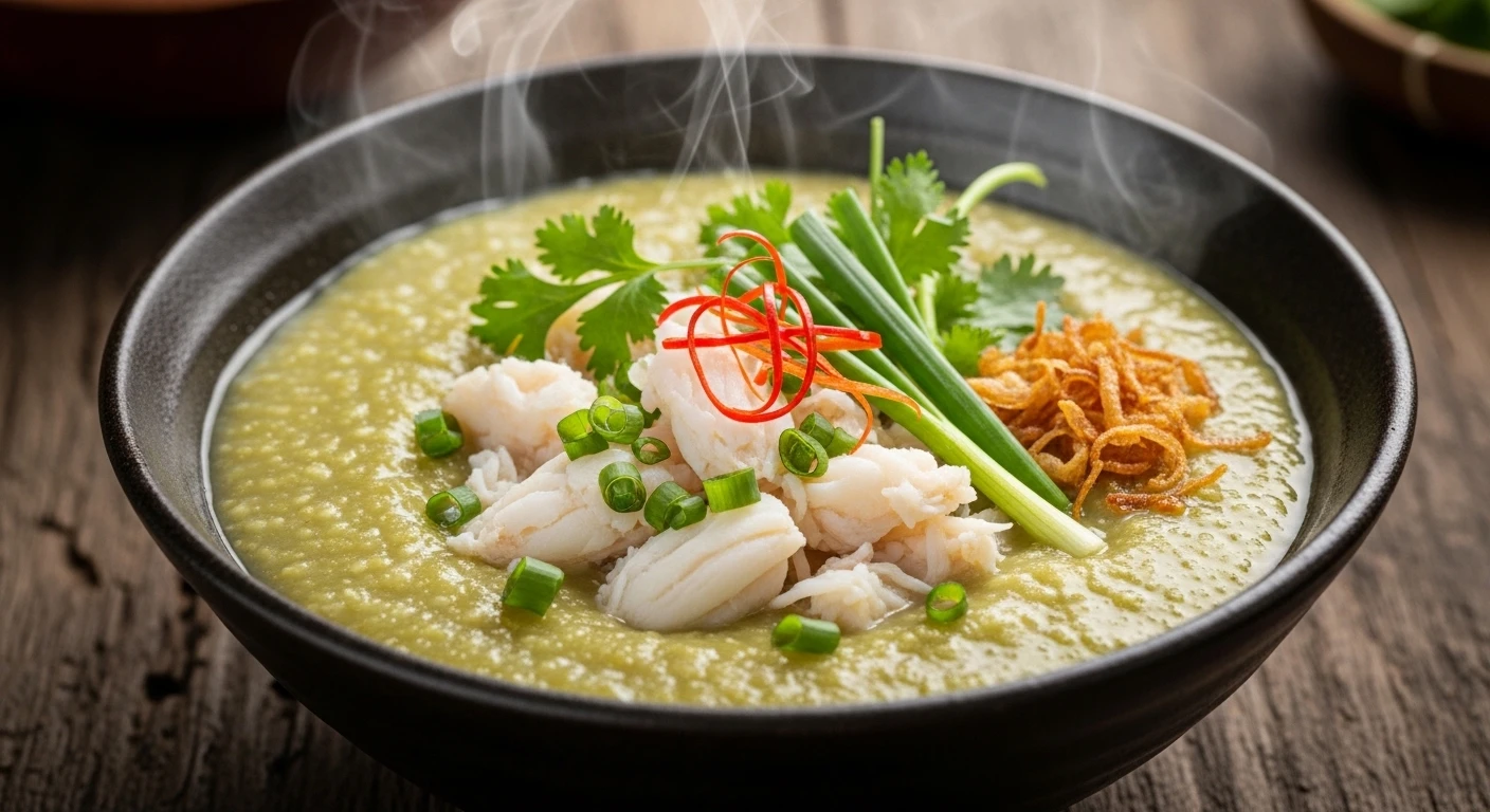 A bowl of creamy mung bean and crab porridge with fresh herbs