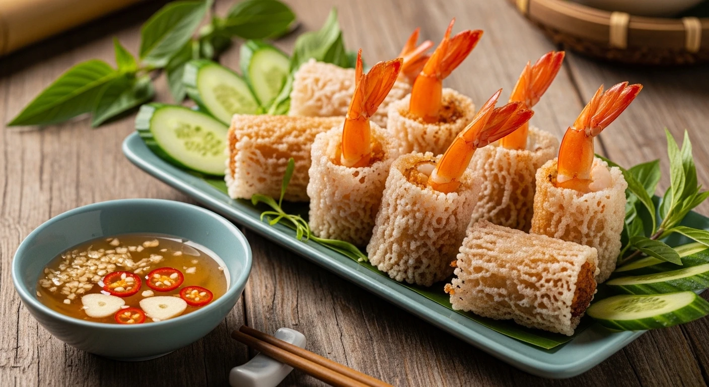 Whole Shrimp Spring Rolls in Crispy Net Rice Paper