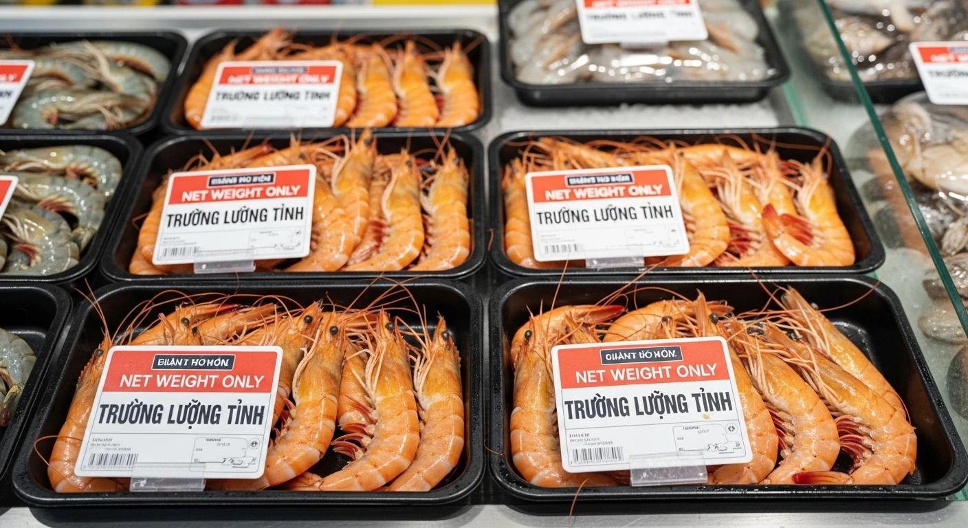 Pre-peeled giant prawns displayed in a supermarket tray, with clear 'Net Weight Only' labels.