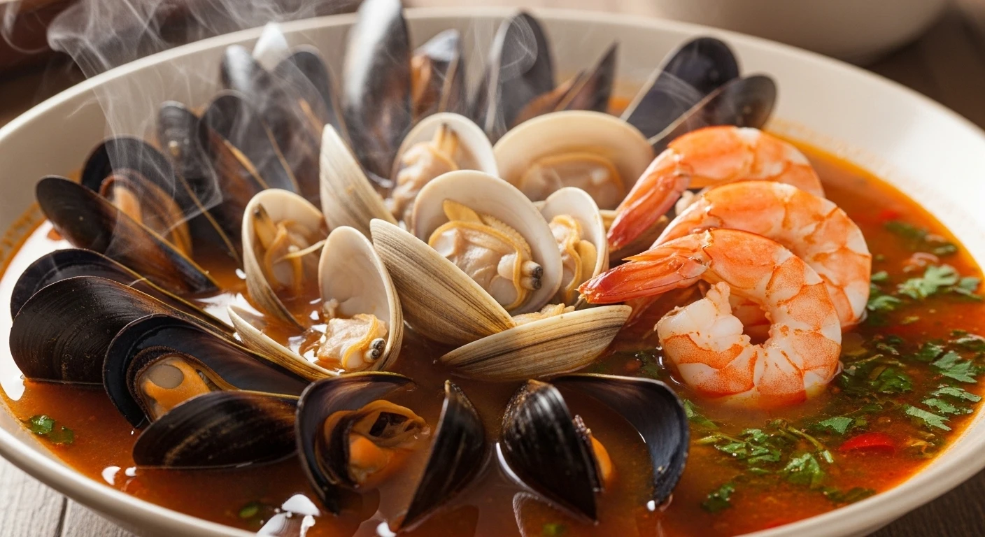 Bát lẩu hải sản hấp dẫn với nhiều loại sò ốc sạch