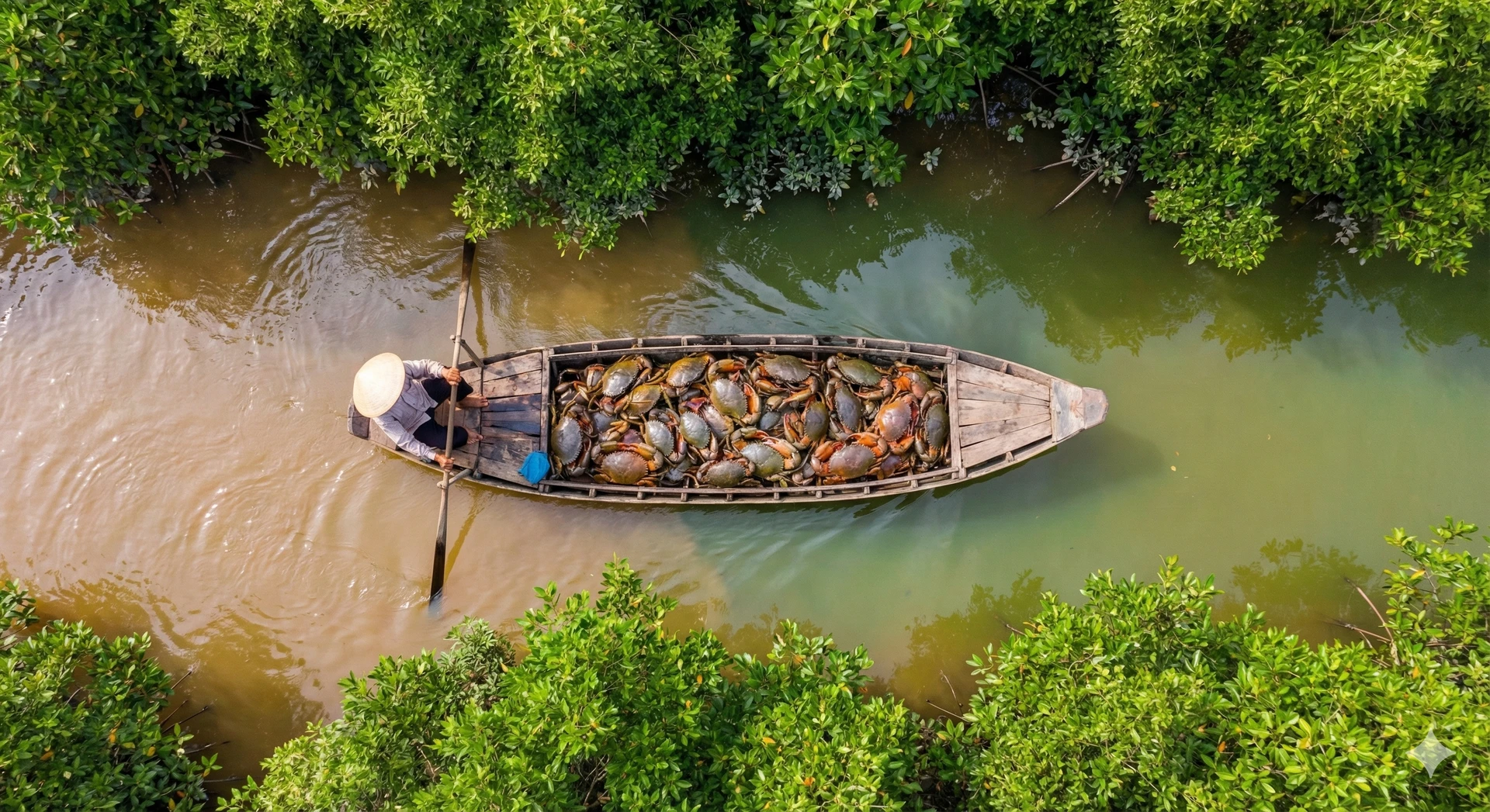 Hình ảnh một người nông dân đang kiểm tra cua trong ao, minh họa cho việc nuôi trồng cua Cà Mau.
