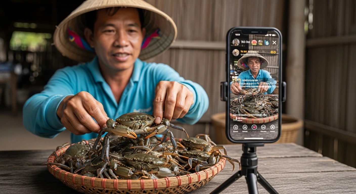 Người nông dân Cà Mau giới thiệu các loại cua trên livestream