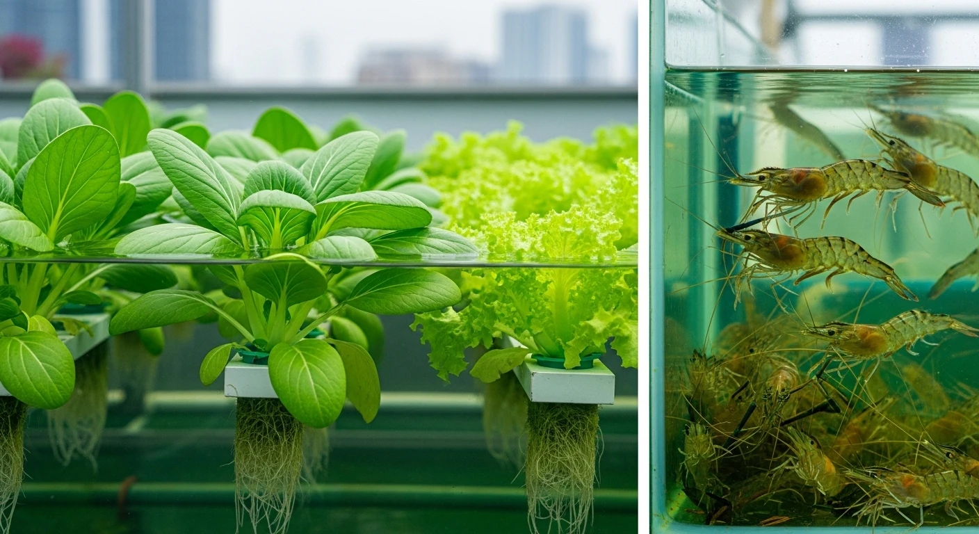 Rau xanh tươi tốt trong hệ thống Aquaponics nuôi tôm