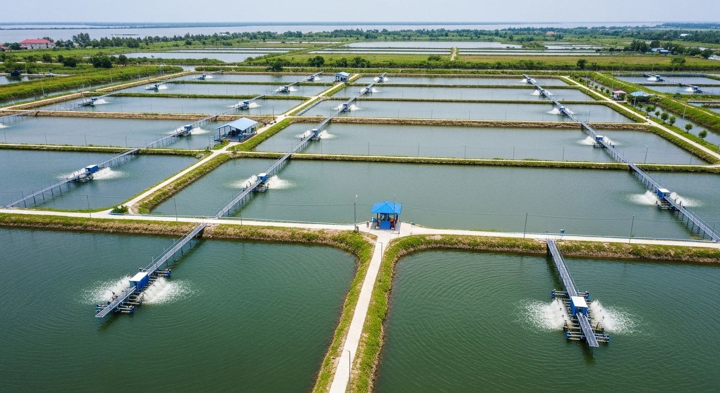 Cảnh tôm thẻ chân trắng khỏe mạnh trong ao nuôi công nghệ cao