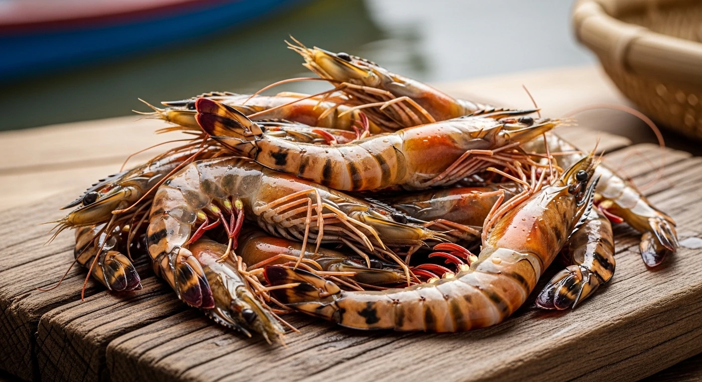 Vibrant raw wild tiger prawns on a rustic wooden board