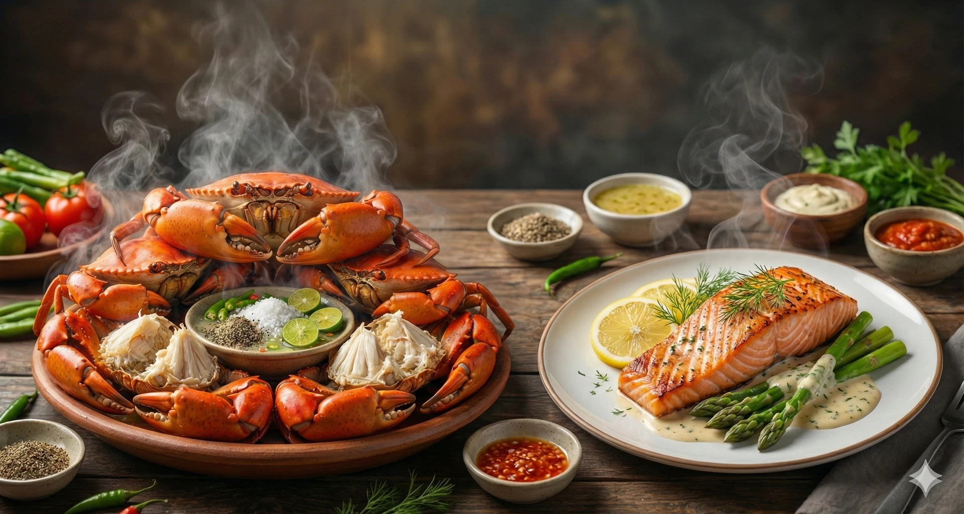 Beautifully Plated Crab and Salmon Dishes for Omega-3 Comparison