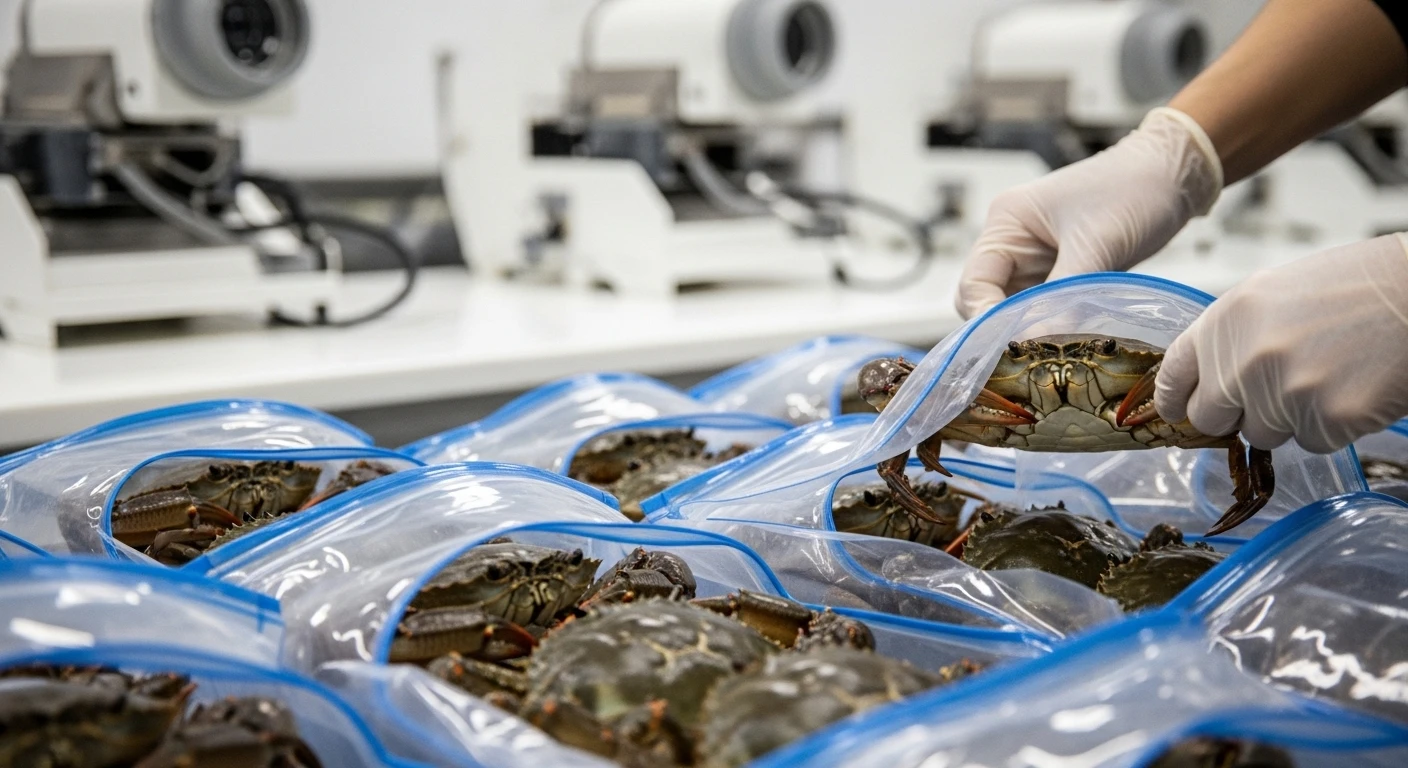 Live crabs being packaged with advanced technology for export