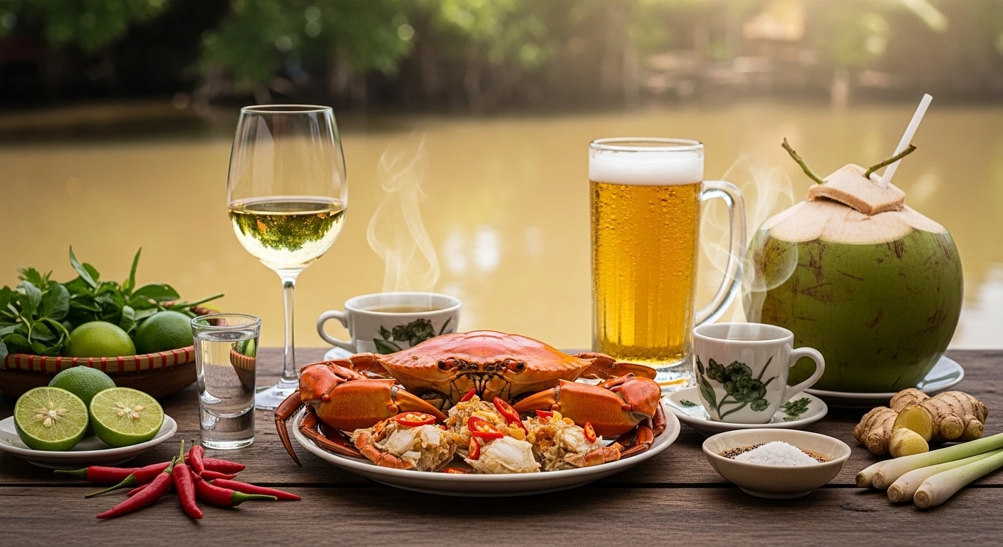 Variety of drinks (wine, beer, tea) paired with fresh cooked crab