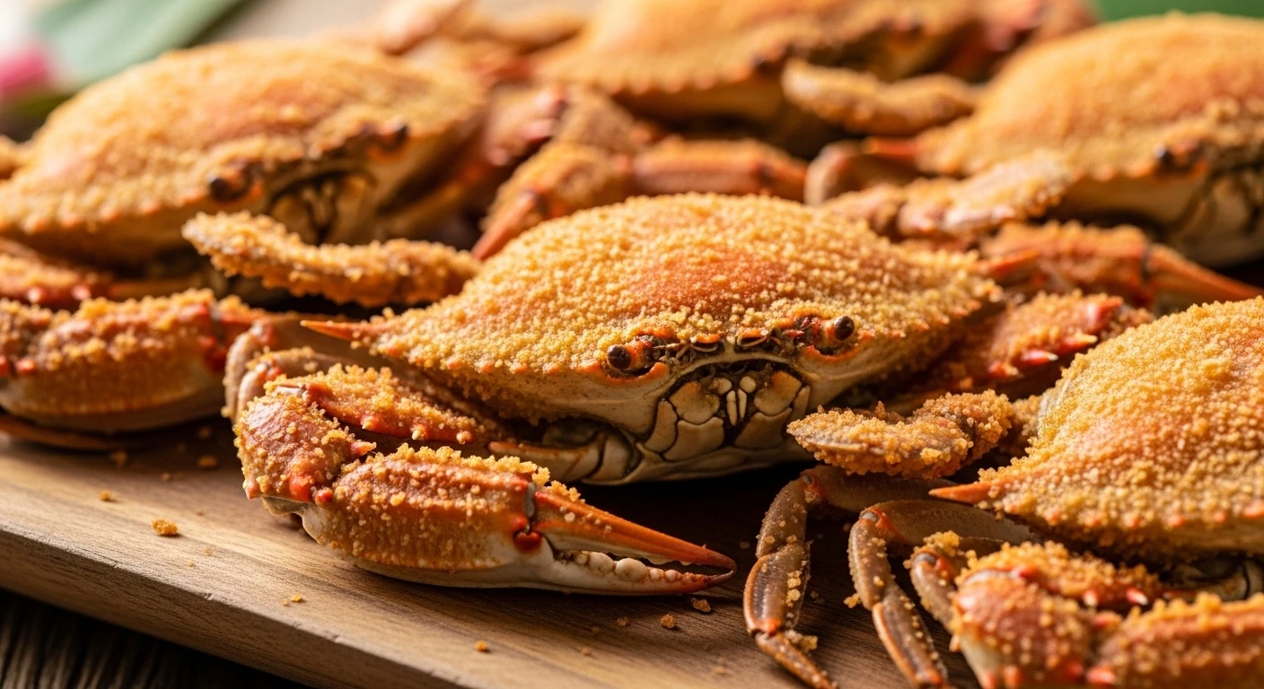 Golden brown panko fried blue crabs arranged attractively