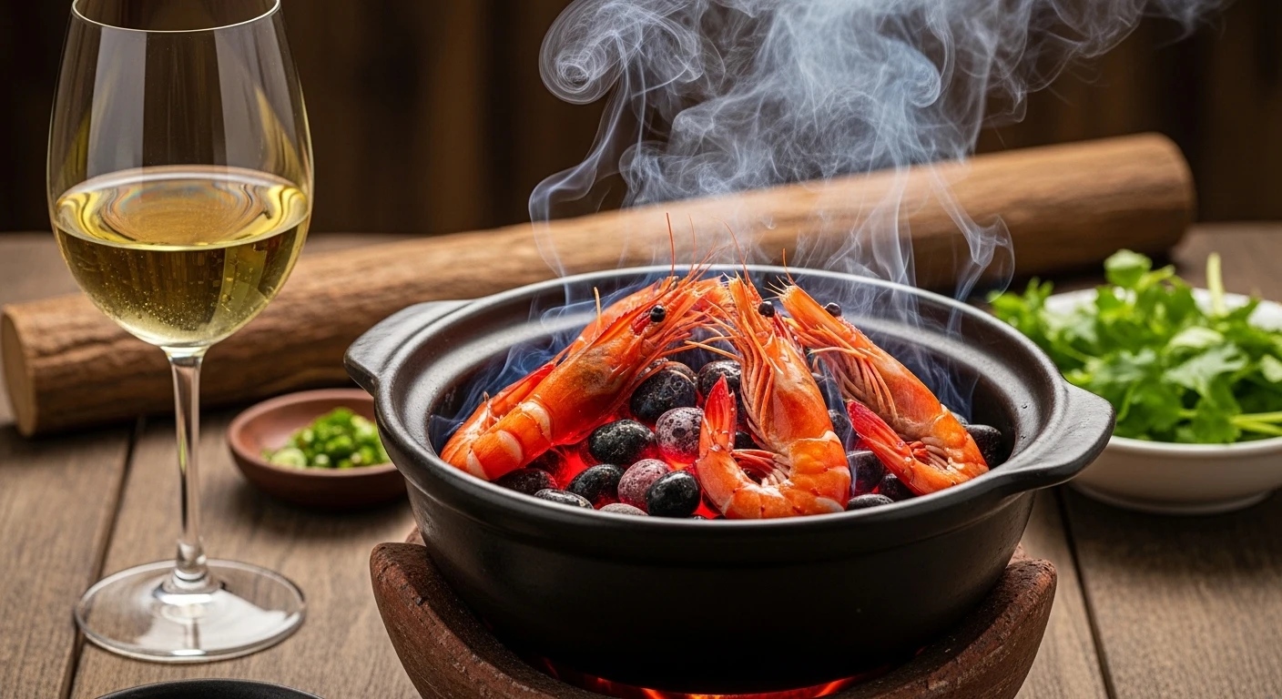 Pebble-steamed shrimp being served