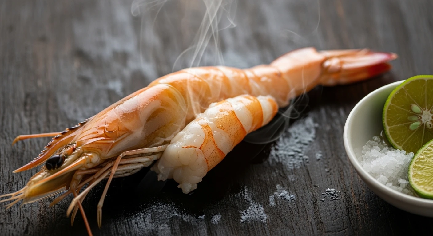A perfectly peeled giant prawn revealing its succulent meat
