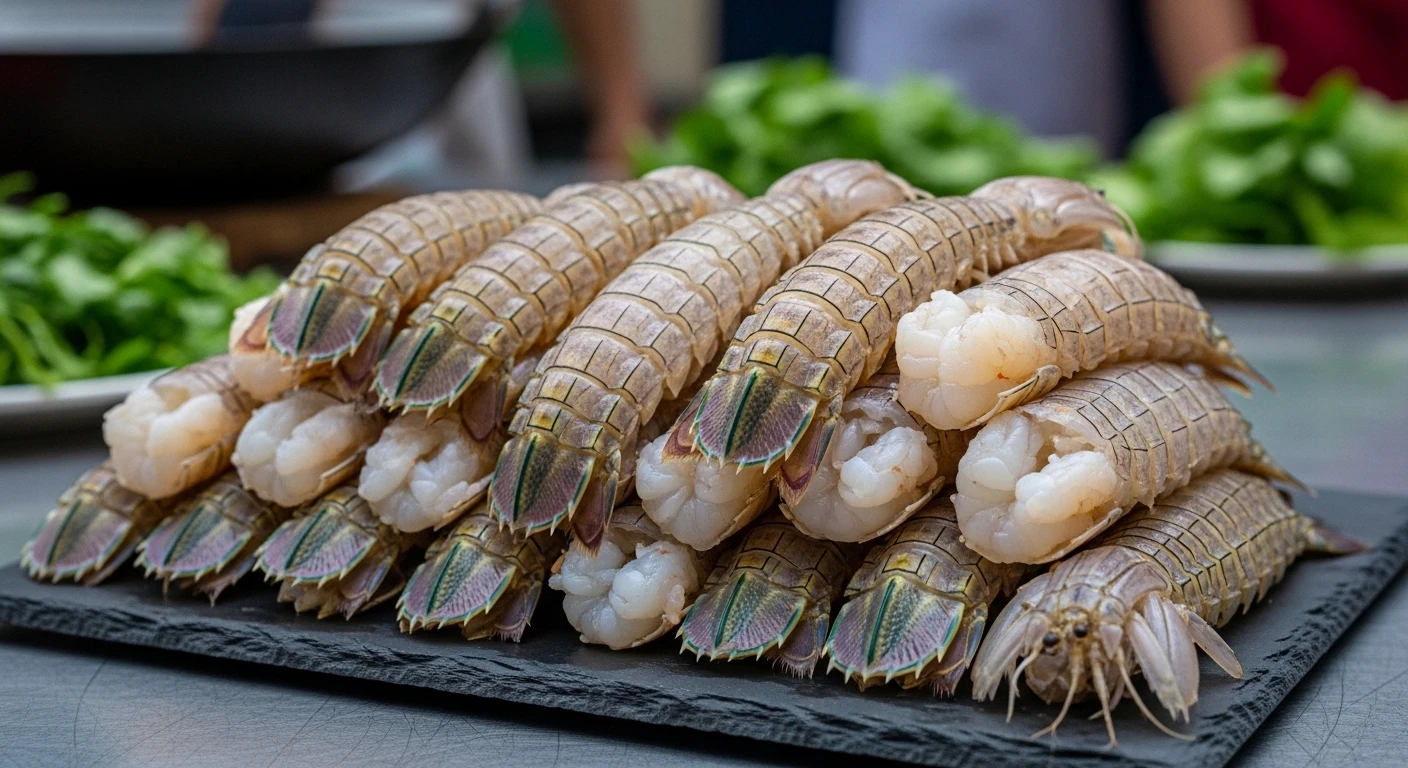 A pile of meticulously peeled mantis shrimp, ready for hotpot