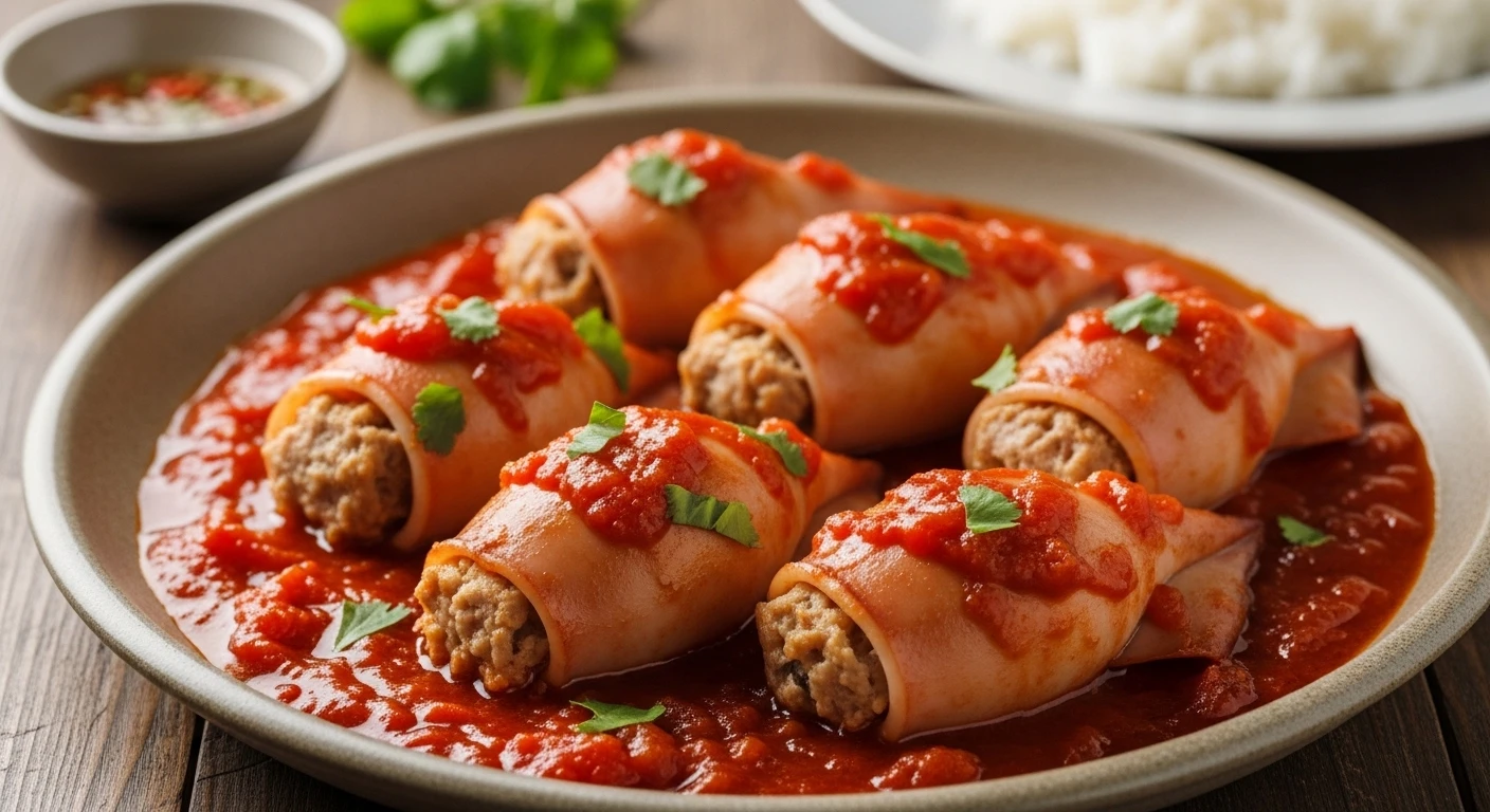 Whole squid stuffed with pork in bright red tomato sauce