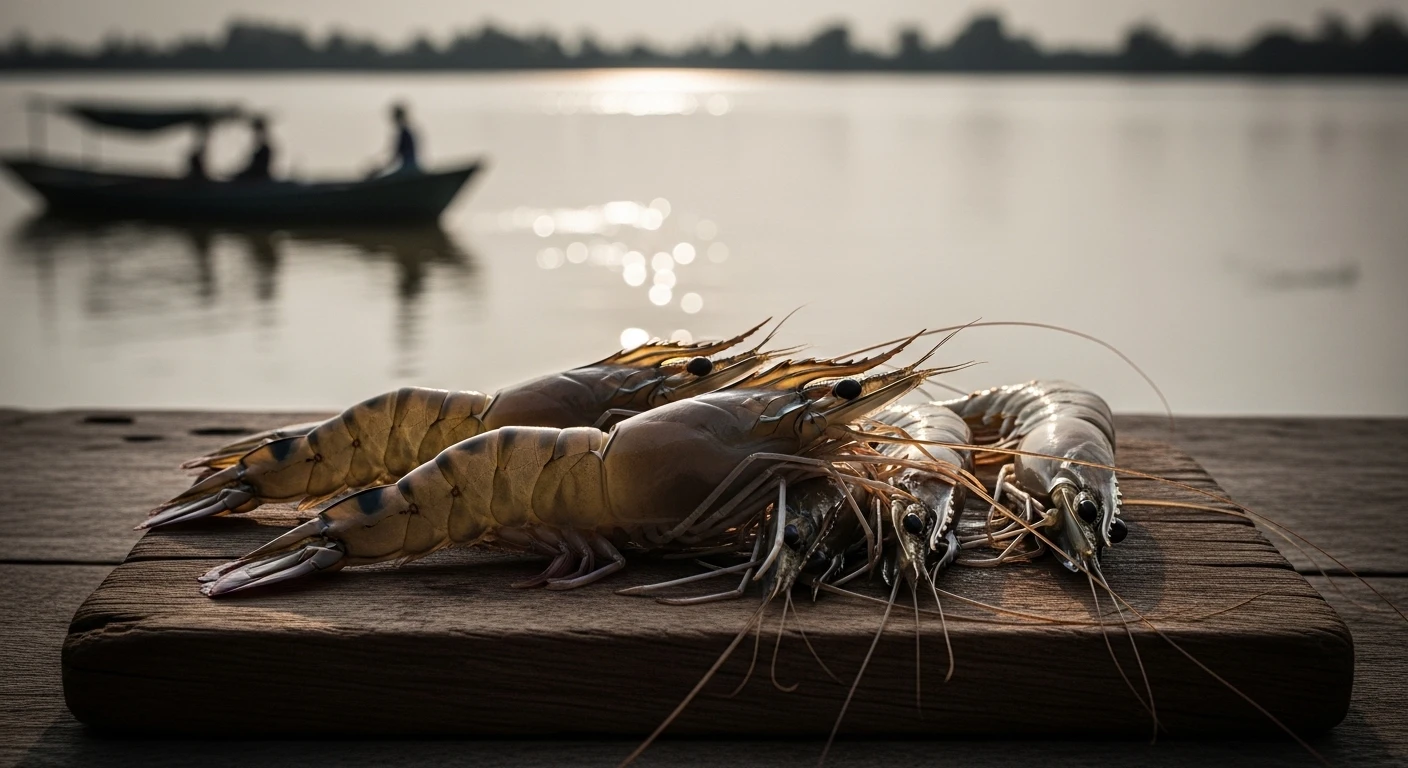 Mekong Delta river scene with struggling prawn farms