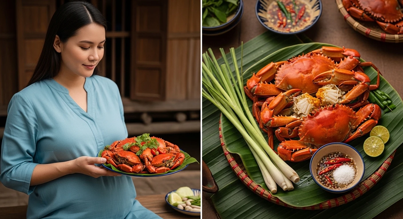 A pregnant woman thoughtfully considering a plate of Vietnamese mud crab