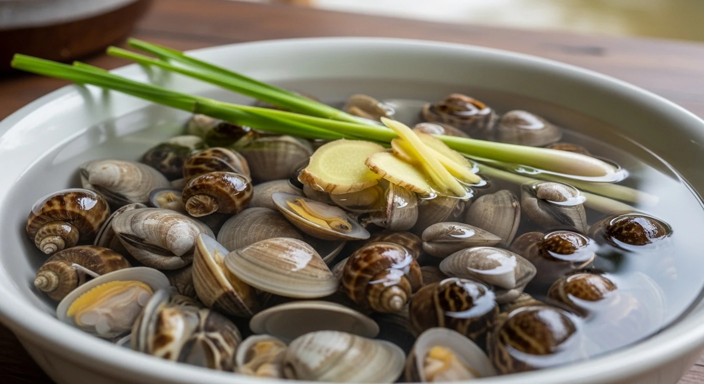 A bowl of purged clams and snails ready for cooking