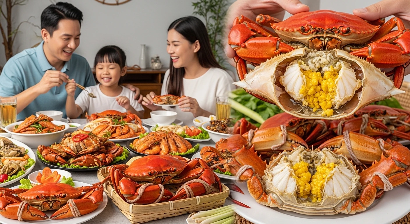 Bữa tiệc cua Cà Mau thịnh soạn với nhiều loại cua và hải sản tươi ngon trên bàn ăn