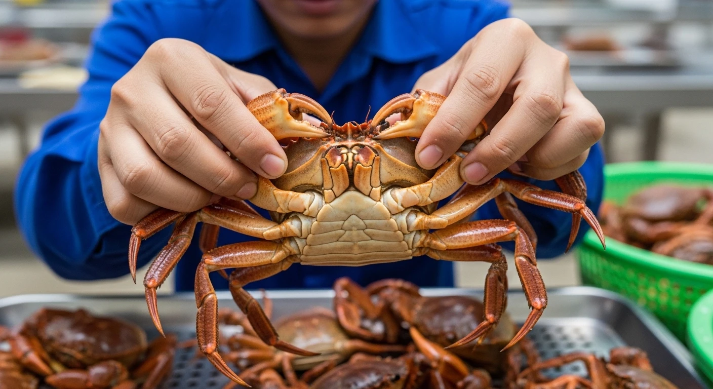 Nhân viên phân loại cua theo kích thước và chất lượng