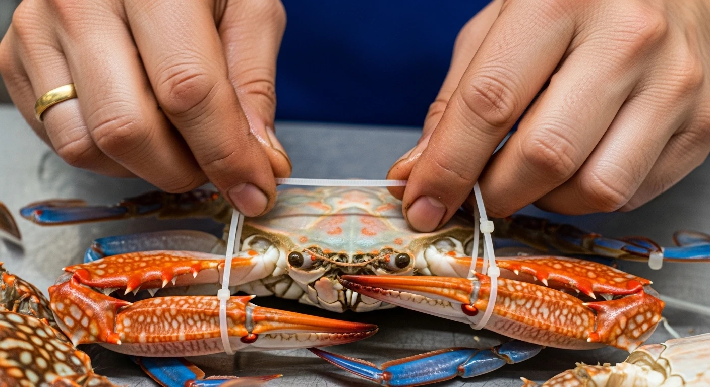 Công nhân dùng dây rút nhựa mỏng đóng gói cua