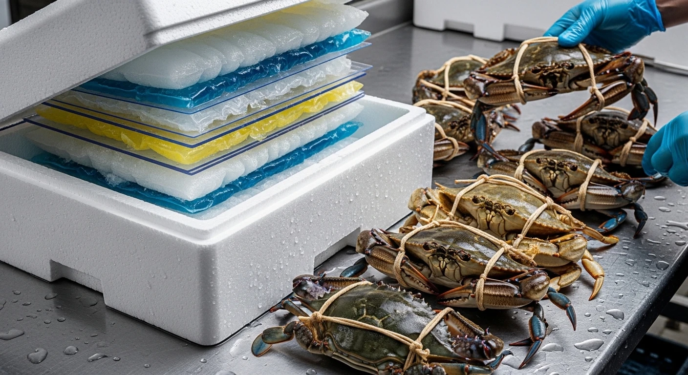 Cua được xếp lớp cùng đá khô trong thùng xốp chuyên dụng