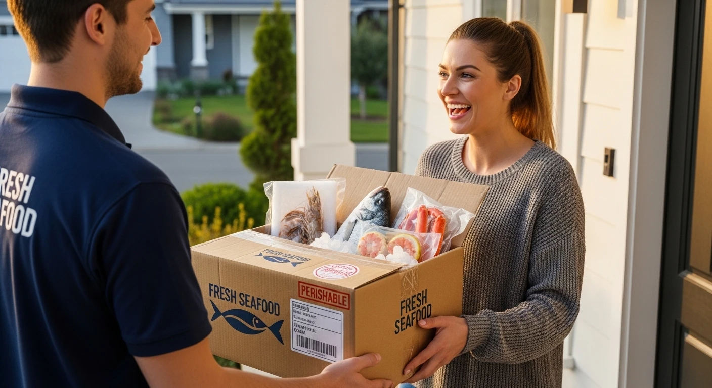 Khách hàng vui vẻ nhận thùng hải sản tươi ngon