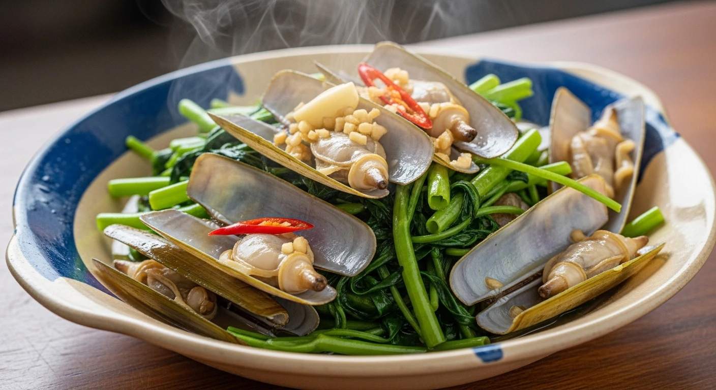 Razor Clams Stir-fried with Garlic Water Spinach