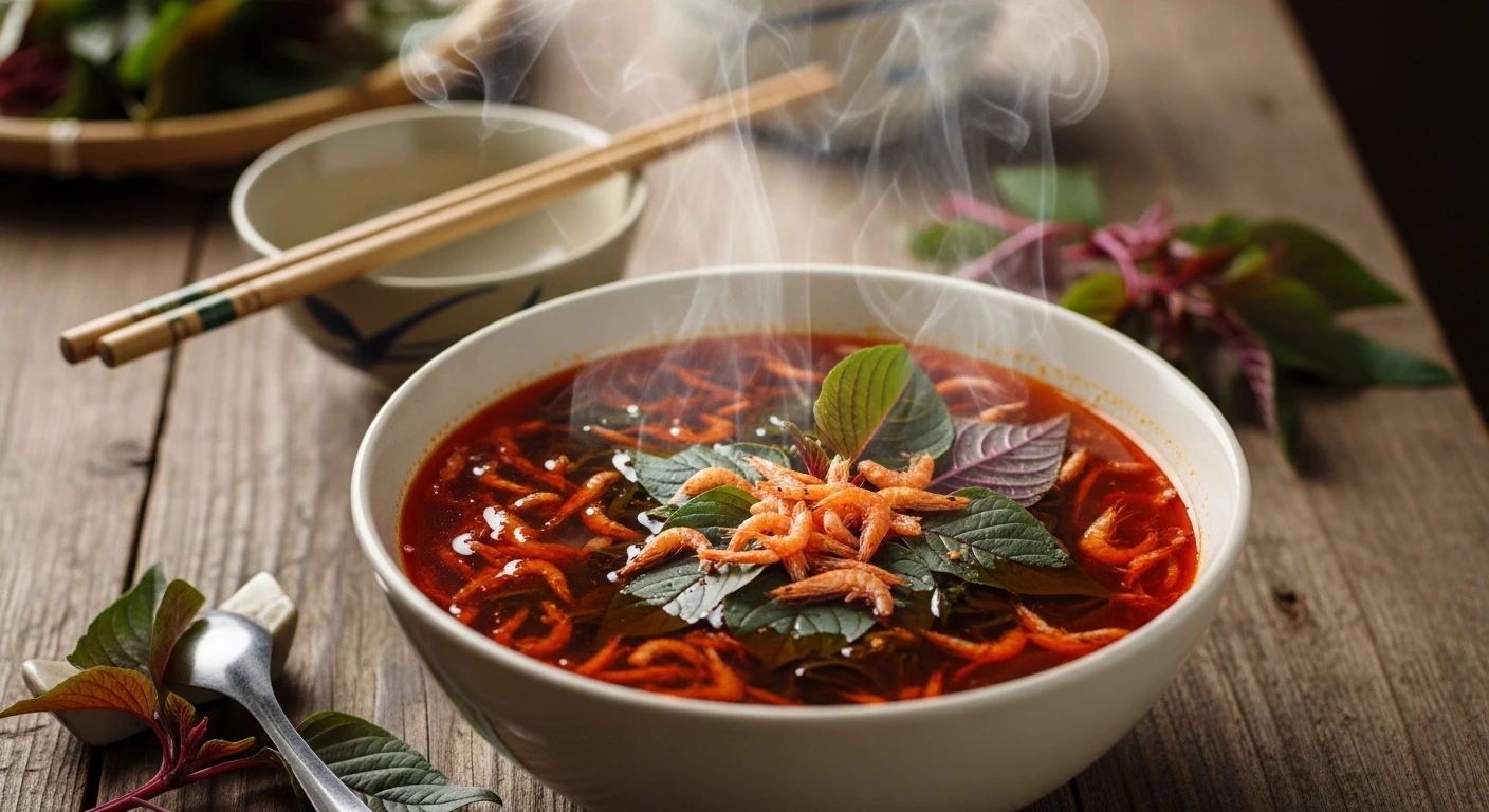 Bright Red Amaranth Soup with Dried Shrimp