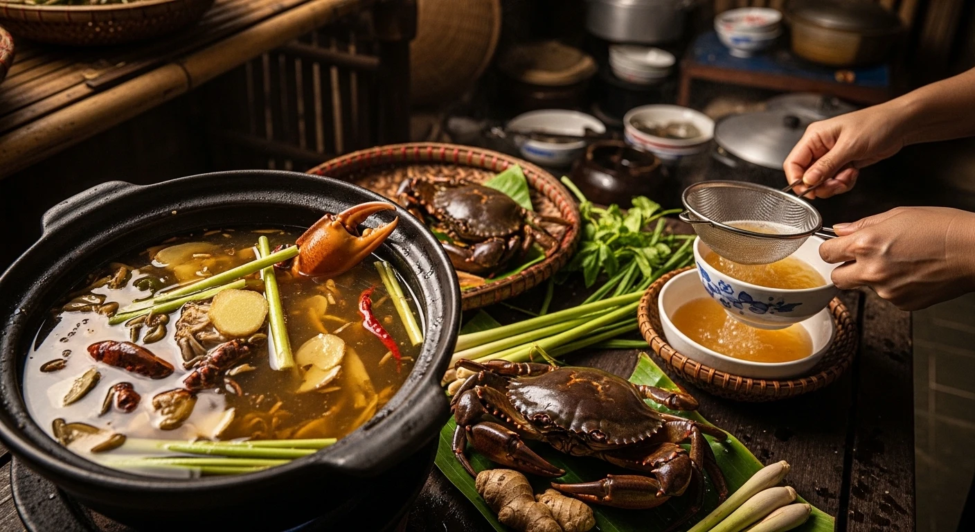 A pot of steaming crab water with visible spices and crab essence