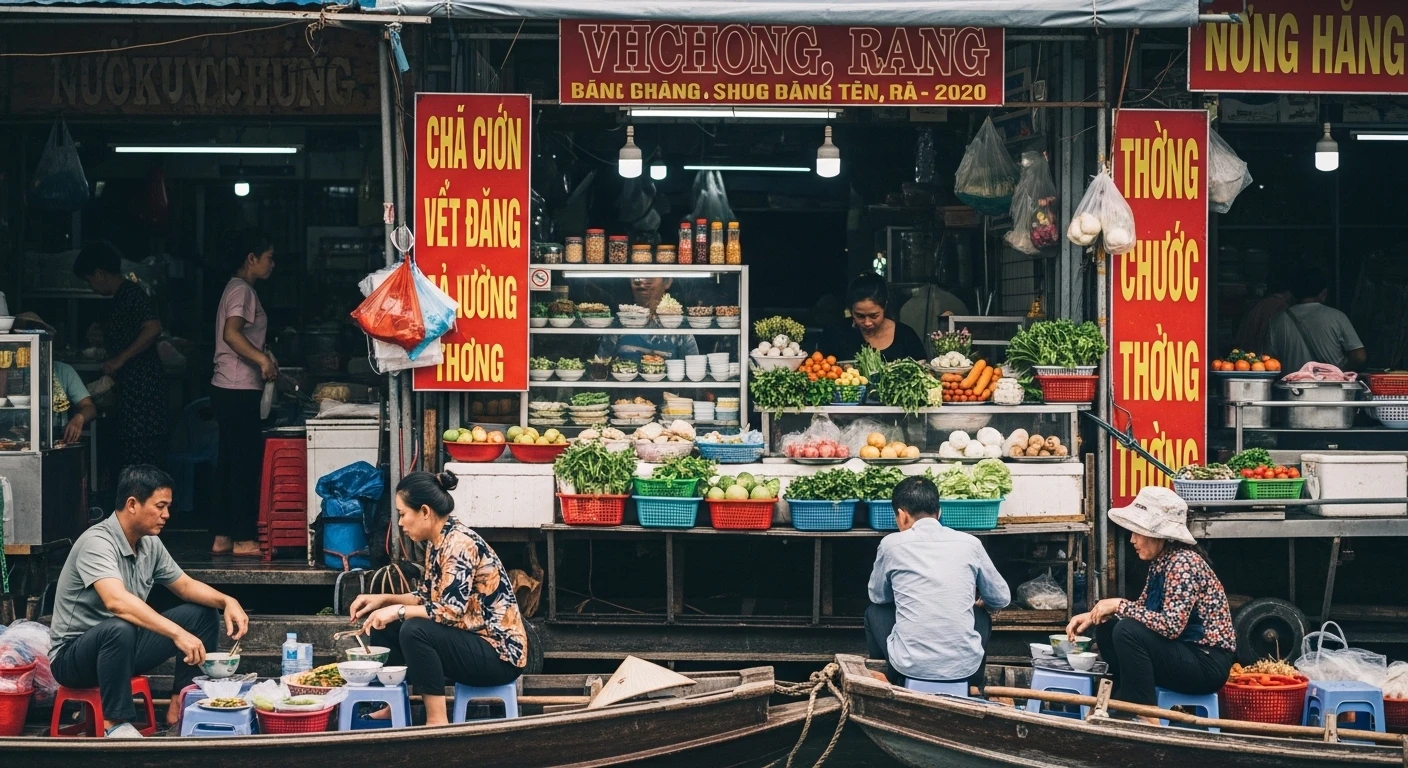 Không gian quán bún mắm ba khía nhộn nhịp trên chợ nổi Cái Răng
